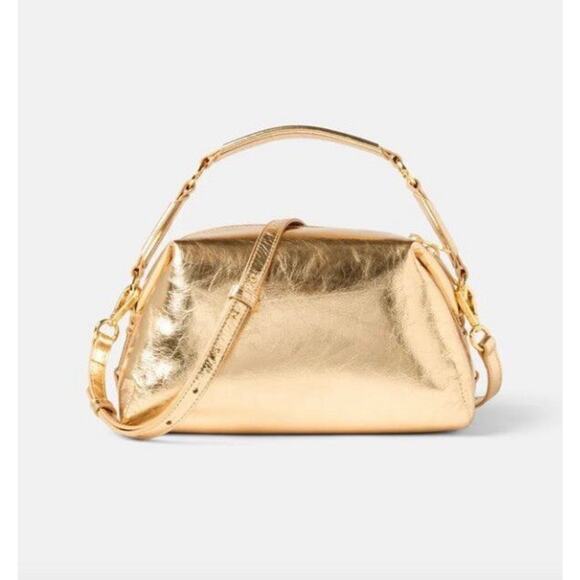 Sandro Gold Leather Puffy Crossbody Clutch Travel Cosmetic - Picture 1 of 16